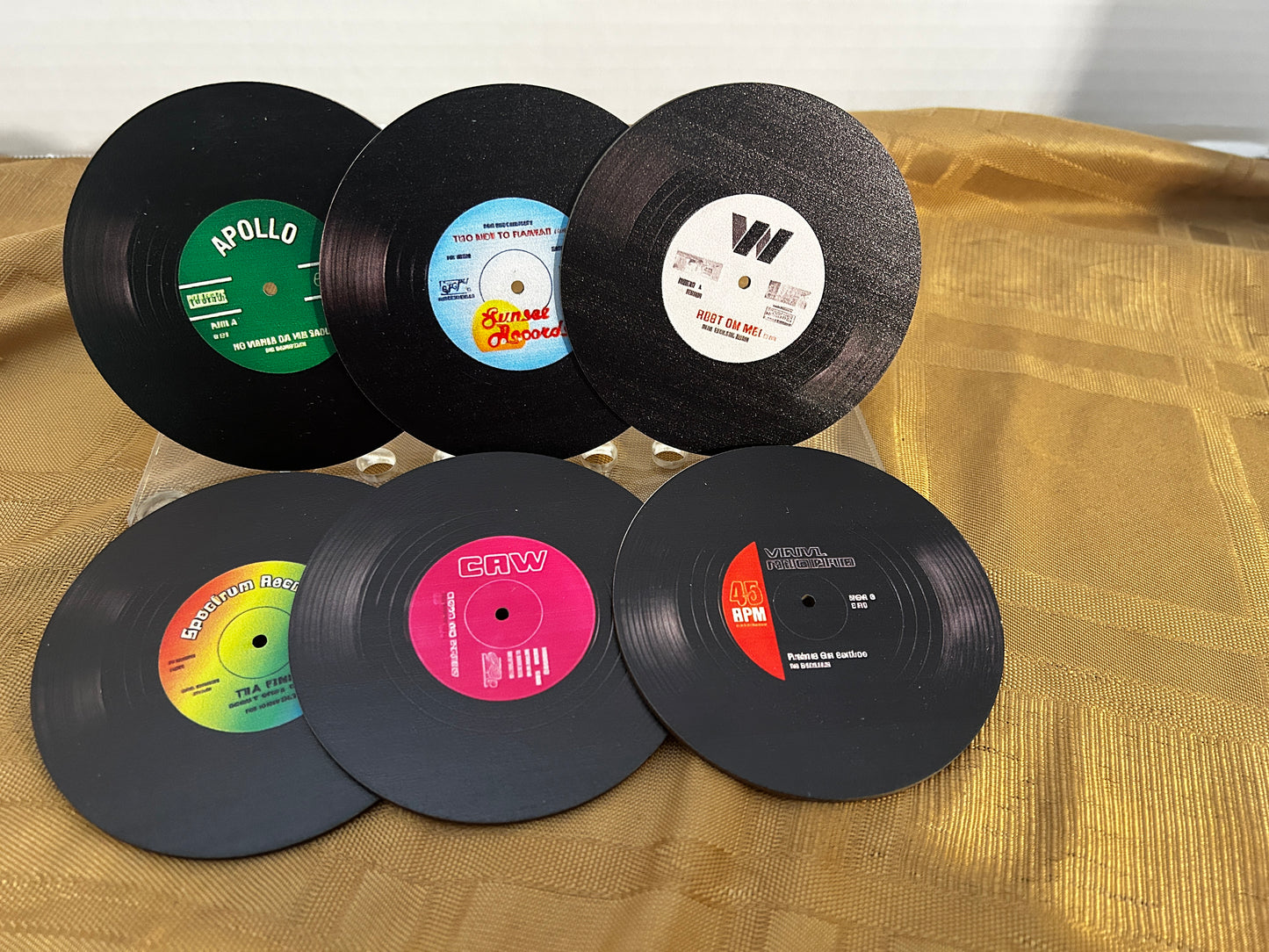 Make a bold statement with these premium coasters (6 pack).
Cool look of old 45 records. For music lovers, audiophiles, and retro decor divas.
High definition image. Vibrant fade resistant colors.