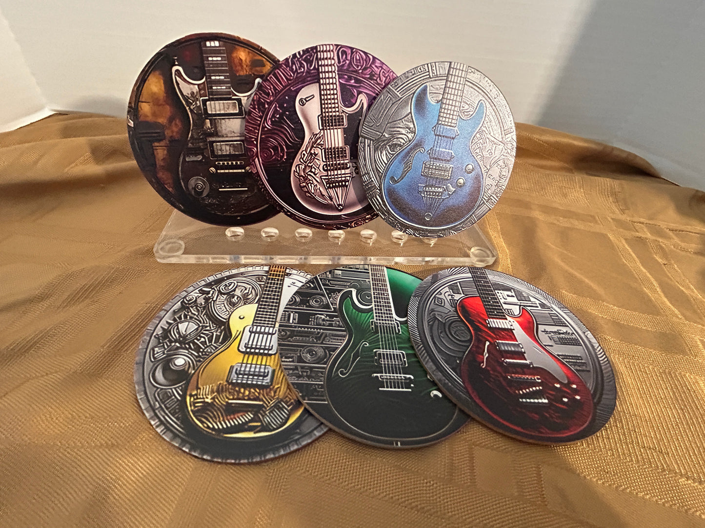 Make a bold statement with these premium coasters (6 pack).
High definition image. Vibrant fade resistant colors, cherry red to electric blue.
Perfect for music lovers, guitar players, and rockinistas!