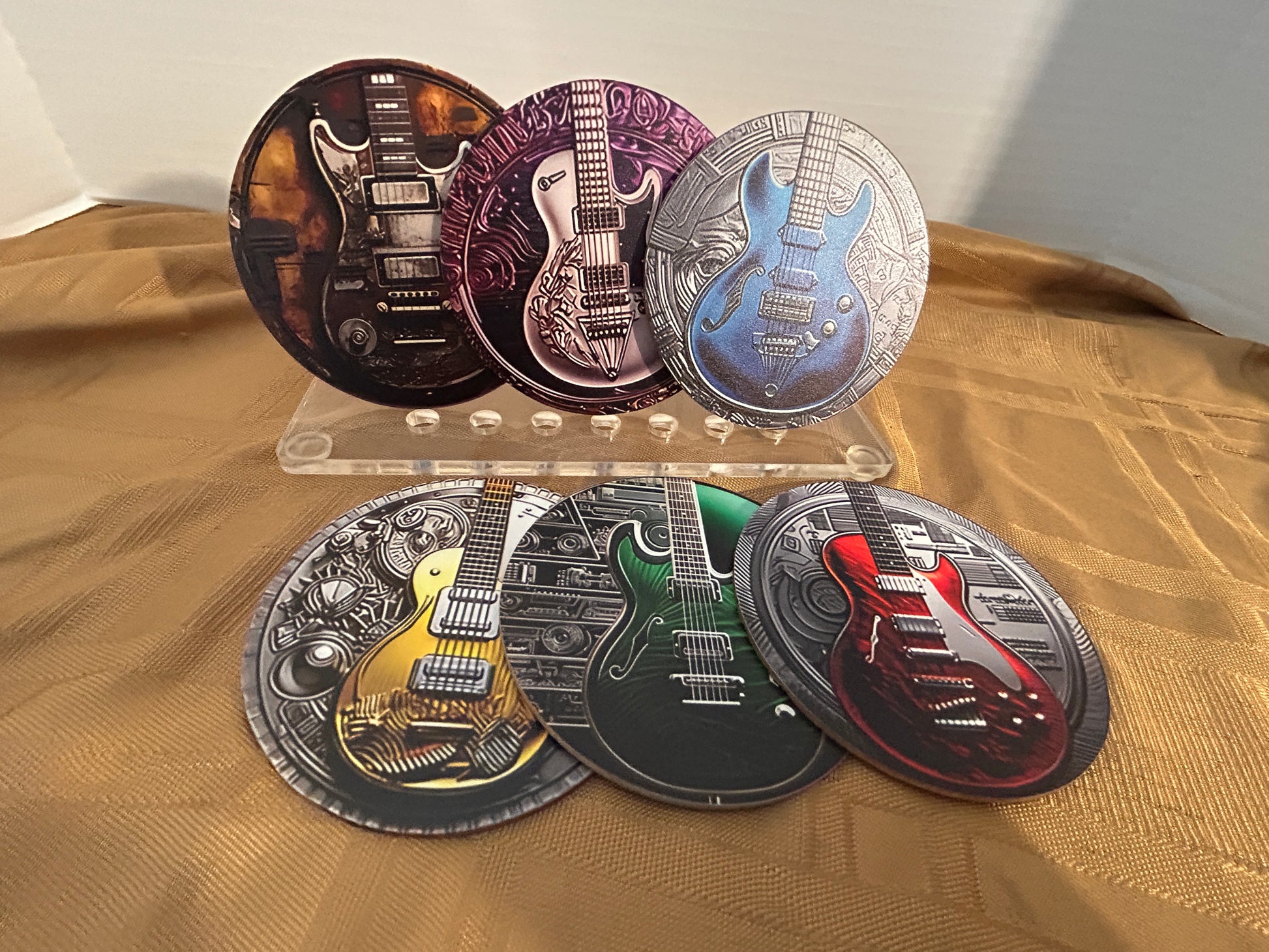 Make a bold statement with these premium coasters (6 pack).
High definition image. Vibrant fade resistant colors, cherry red to electric blue.
Perfect for music lovers, guitar players, and rockinistas!