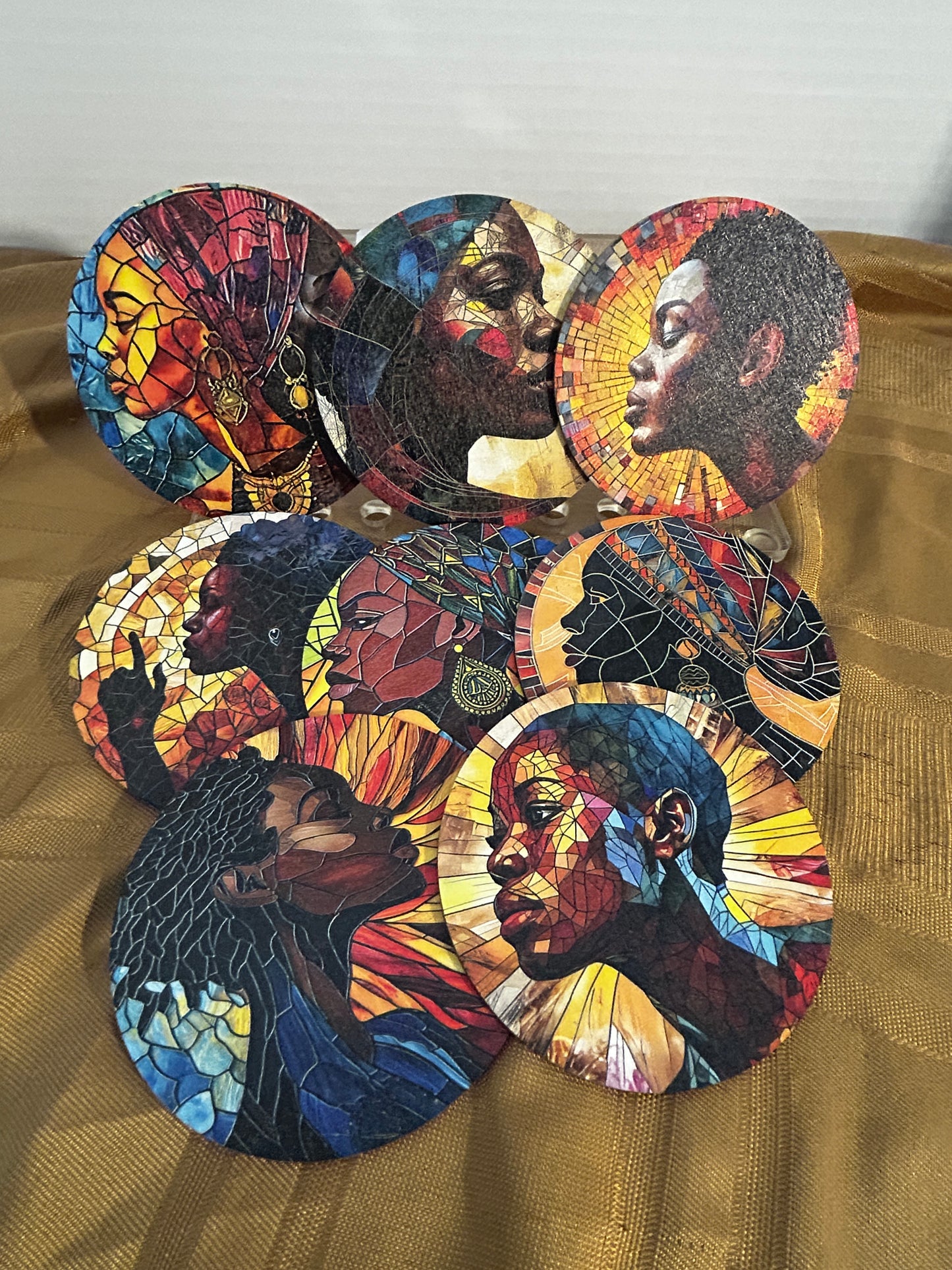 Make a bold statement with these premium coasters (8 pack).
Stained glass styled images of black female beauty and pride.
High definition image. Vibrant fade resistant colors. 