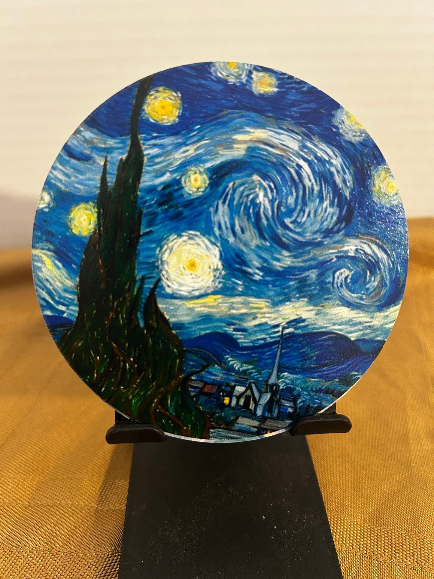 Upgrade your space with Van Gogh inspired Starry Night. Gorgeous textured swirls of deep blue and bright yellow.  Make a bold statement with these premium coasters (8 pack).
High definition image. Vibrant fade resistant colors. 