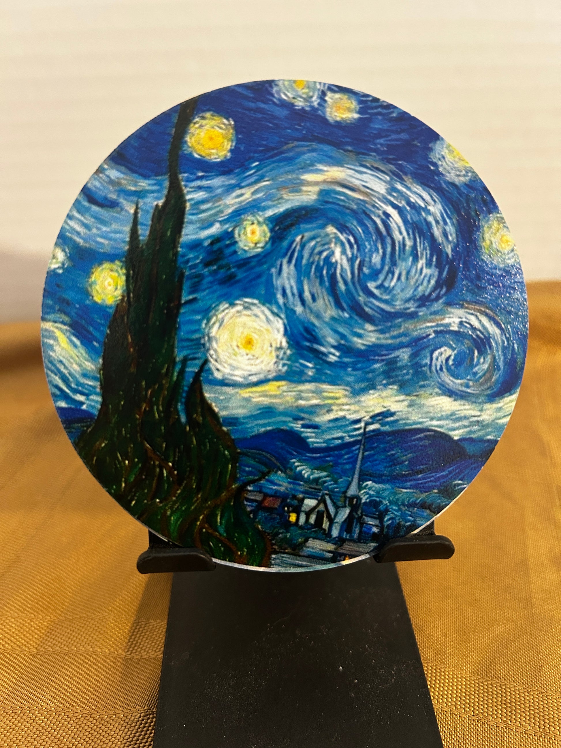 Upgrade your space with Van Gogh inspired Starry Night. Gorgeous textured swirls of deep blue and bright yellow.  Make a bold statement with these premium coasters (8 pack).
High definition image. Vibrant fade resistant colors. 