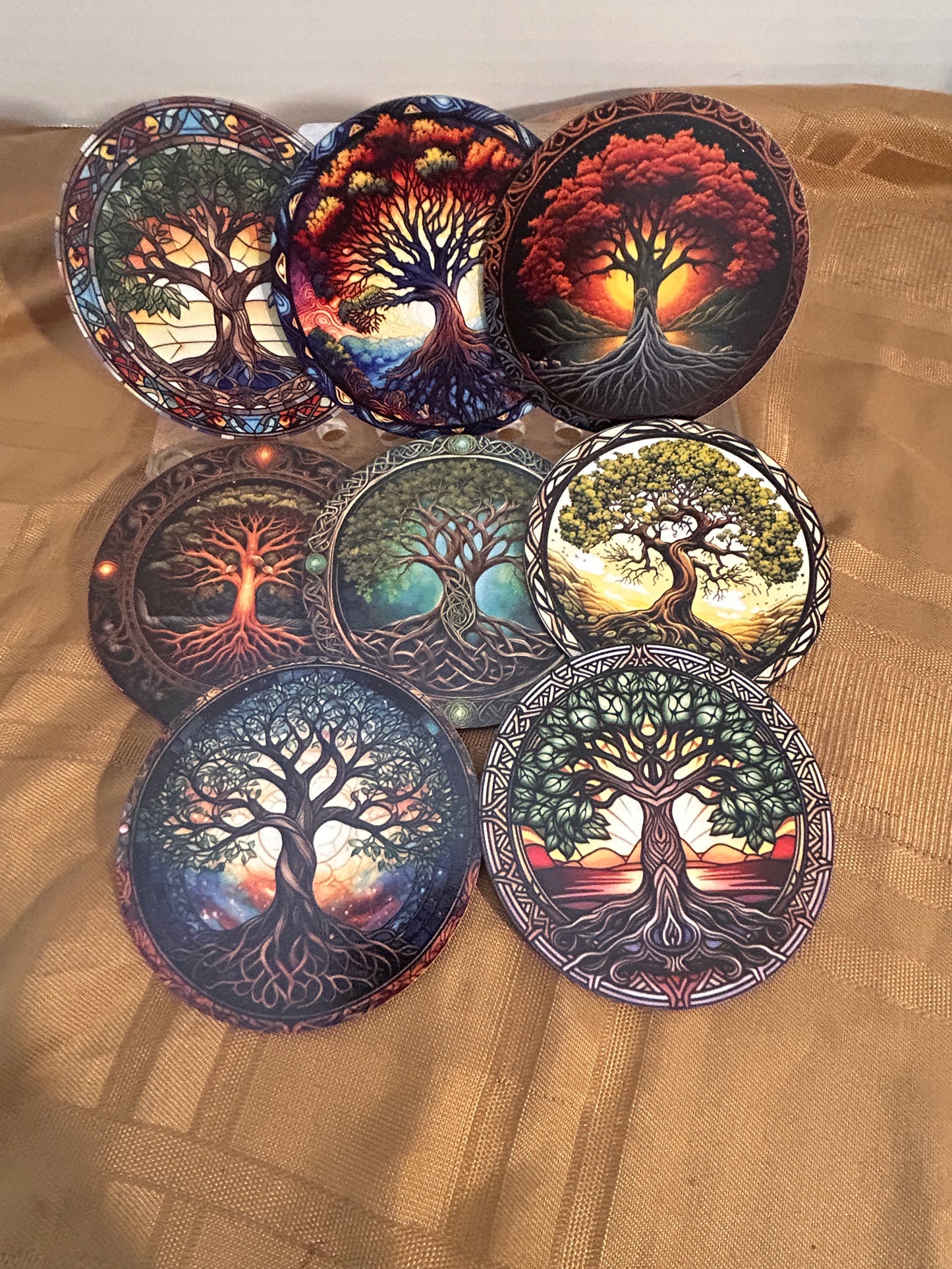 Make a bold statement with these premium coasters (8 pack).
Majestic trees spanning fiery canopies, and cosmic roots.
High definition image. Vibrant fade resistant colors. 
