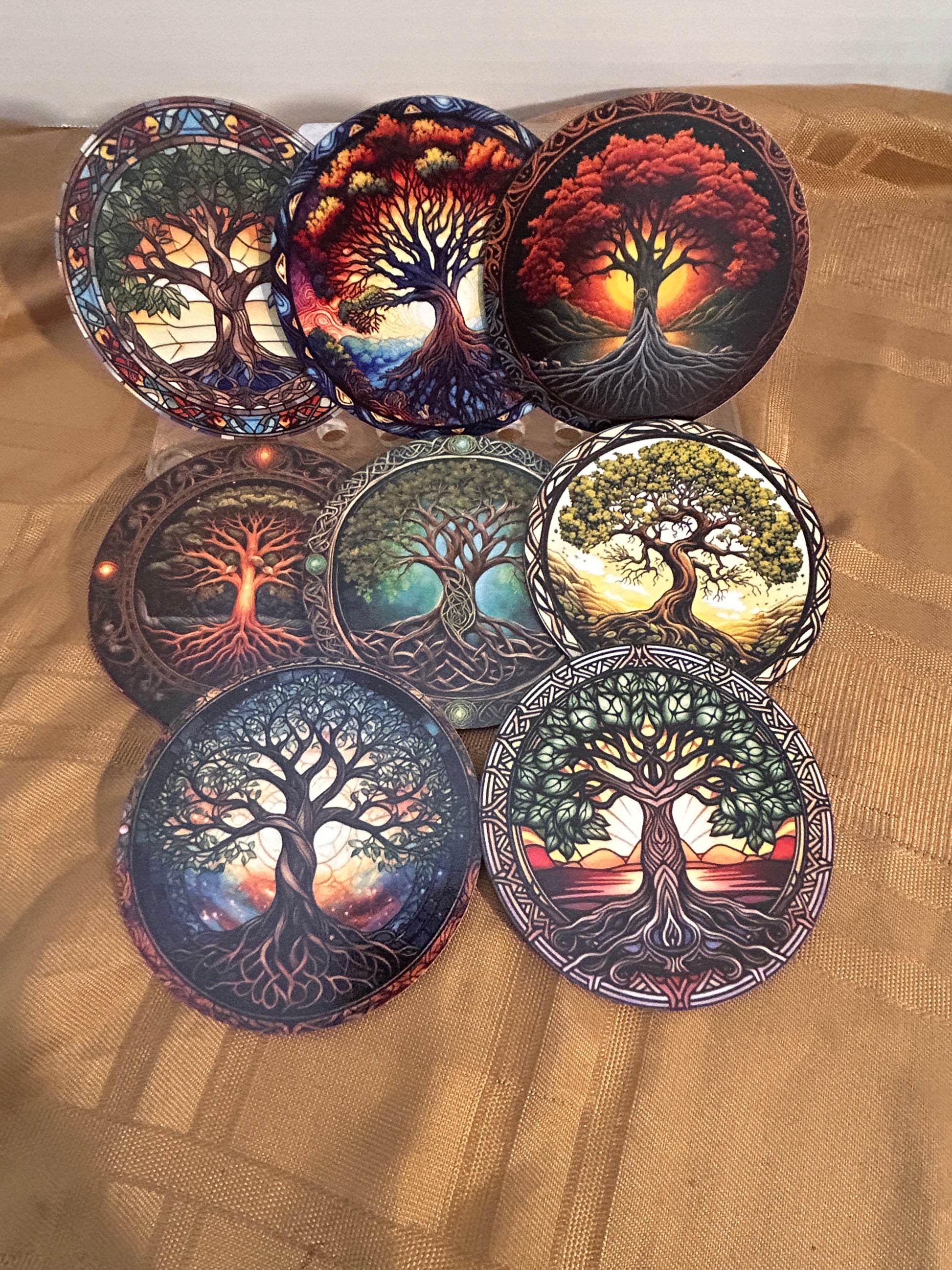 Make a bold statement with these premium coasters (8 pack).
Majestic trees spanning fiery canopies, and cosmic roots.
High definition image. Vibrant fade resistant colors. 
