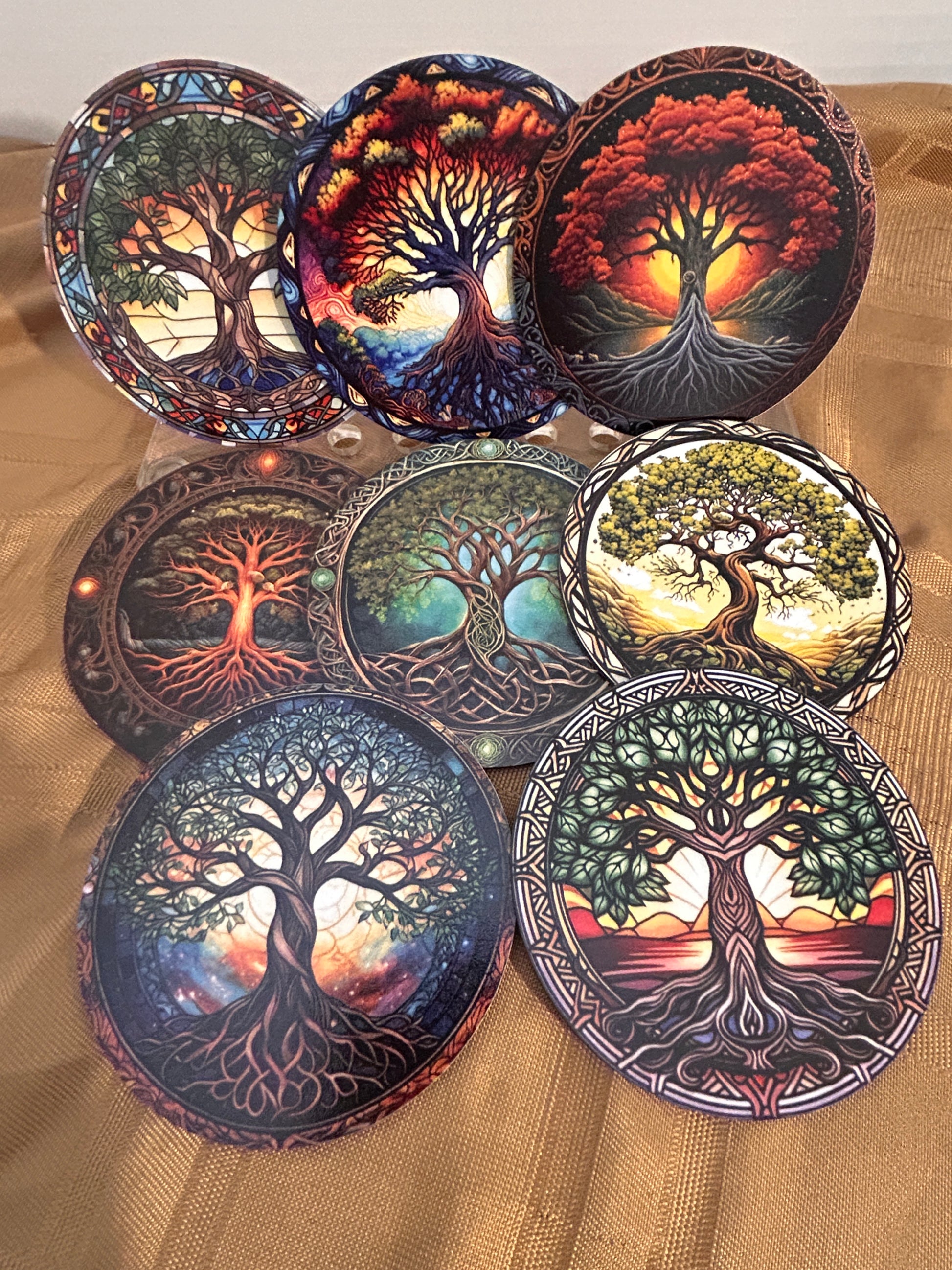 Make a bold statement with these premium coasters (8 pack).
Majestic trees spanning fiery canopies, and cosmic roots.
High definition image. Vibrant fade resistant colors. 