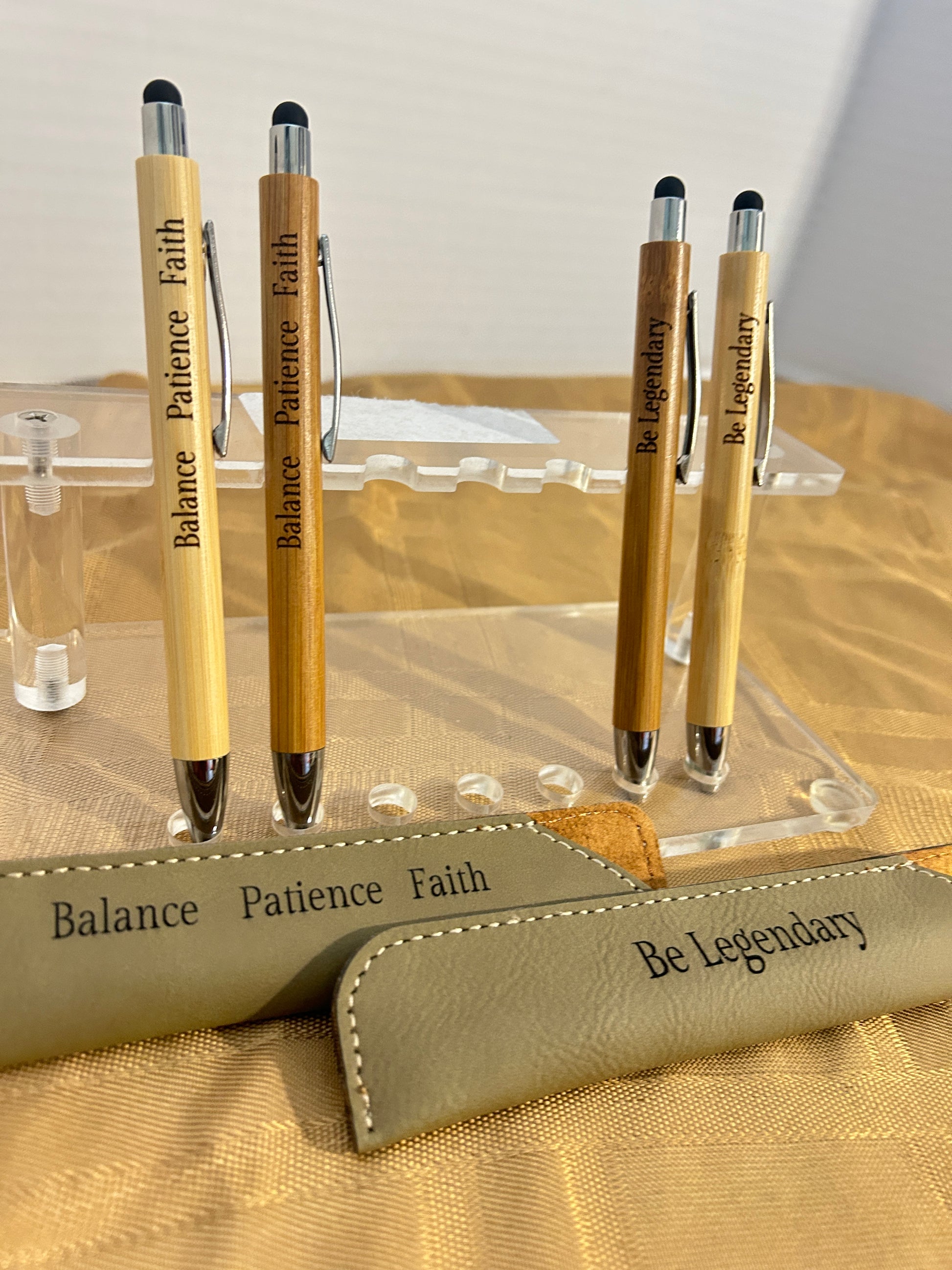 Elevate your daily routine or give a truly meaningful gift with this premium Pen and Stylus Set.

The pens are functional pieces of art designed to inspire. Two messages

"Be Legendary" a daily reminder of whats inside you and to reach for your dreams!

"Balance Patience and Faith" - three important ingredients to life fufillment; It is the underlying motivation of our business.
